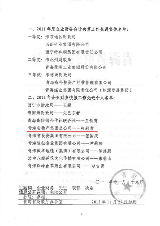 物產(chǎn)集團榮獲2011年度財務決算先進單位、2012年度財務快報工作先進個人表彰